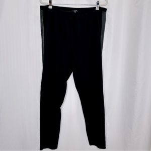 Eileen Fisher black pull on pants leather Tuxedo trim